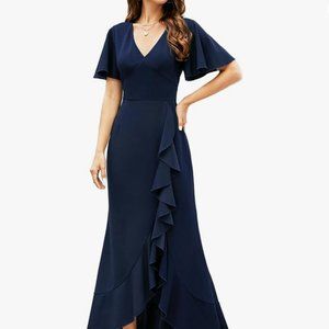 CARROTMOB Split Long Formal V Neck Short Sleeve Ruffle Evening Cocktail Dress M